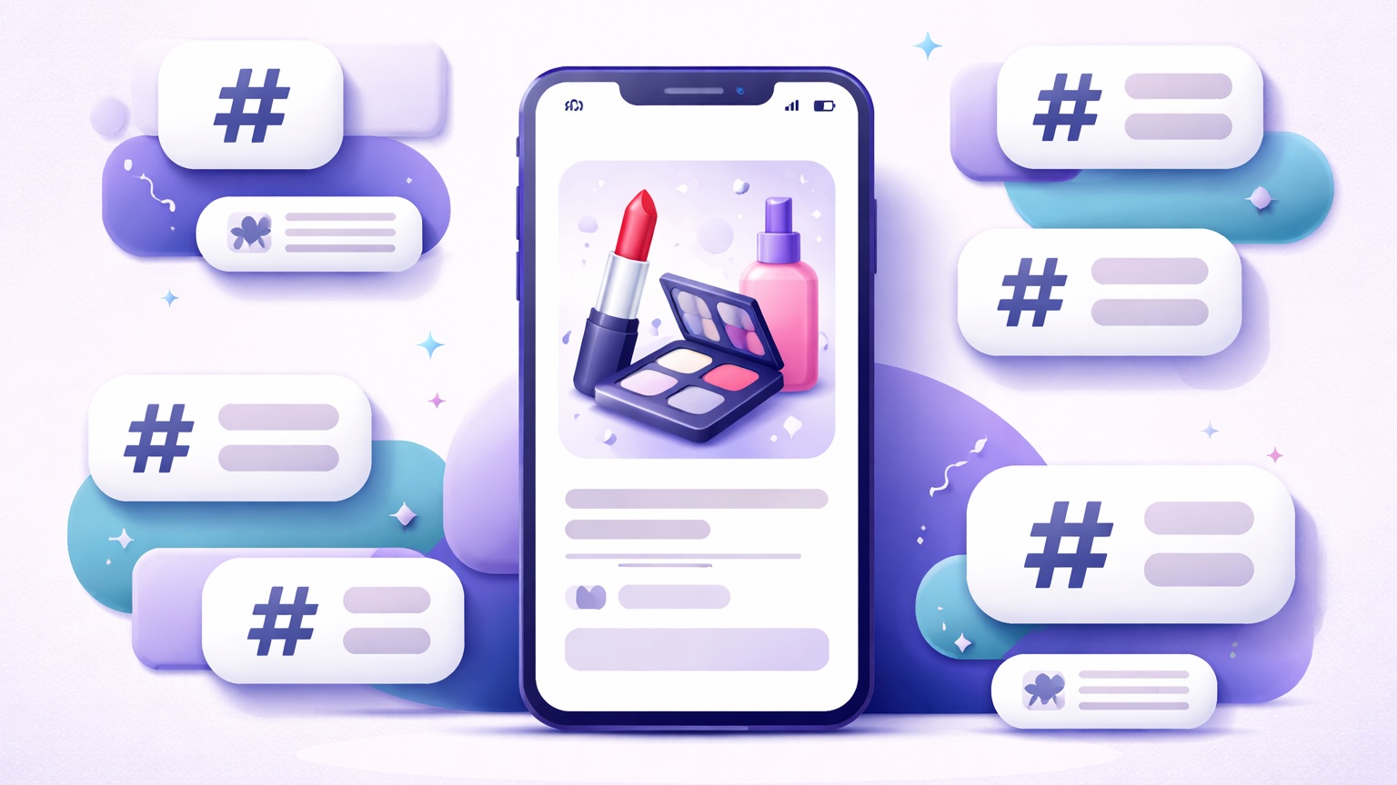 Beauty Instagram hashtags — a makeup post surrounded by grouped, relevant hashtag sets