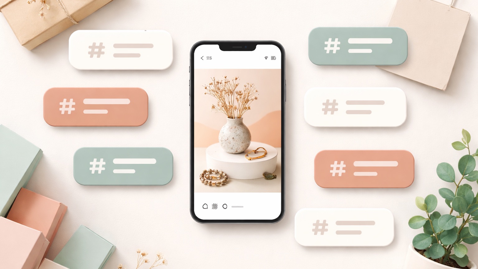 Business Instagram hashtags β a small-business product post surrounded by grouped hashtag sets