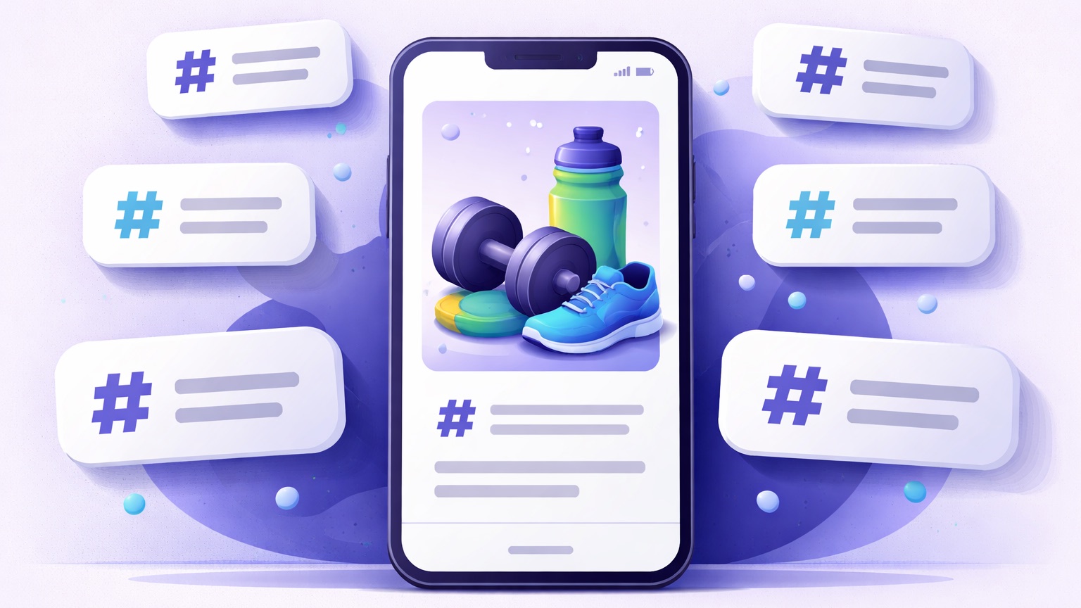 Fitness Instagram hashtags — a gym post surrounded by grouped, relevant hashtag sets