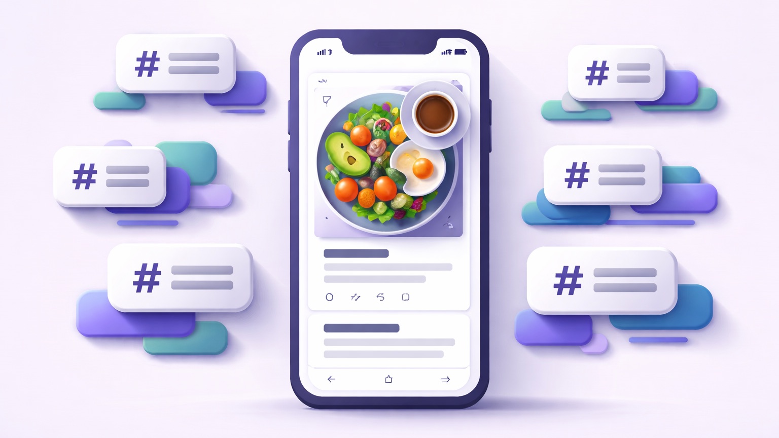 Food Instagram hashtags — a food post surrounded by grouped, relevant hashtag sets