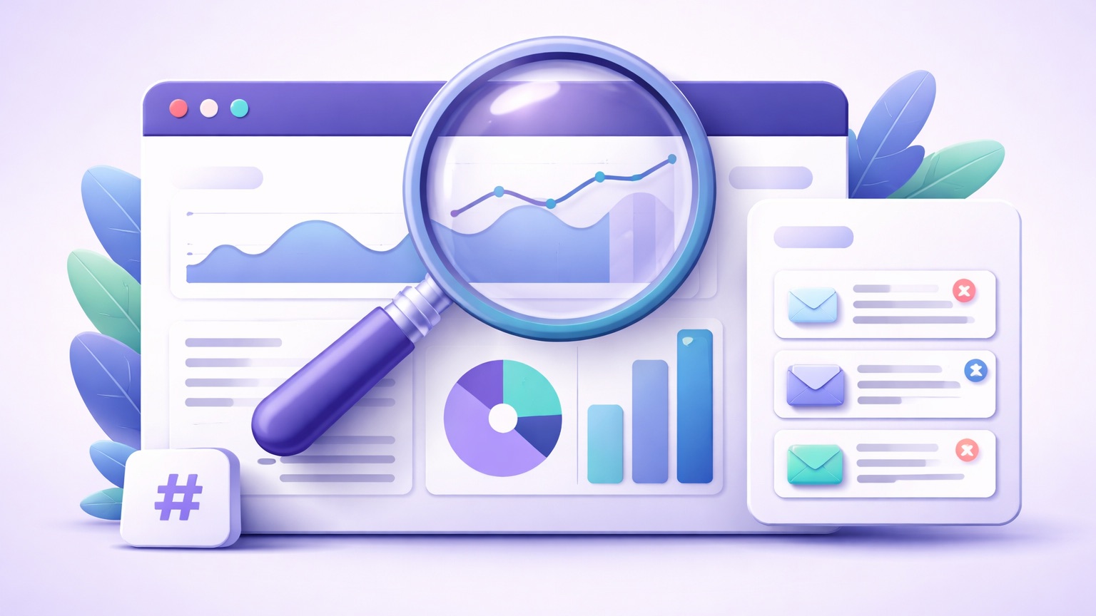 Hootsuite review — a magnifying glass examining a large multi-panel enterprise dashboard and inbox