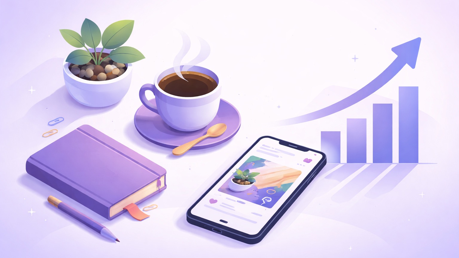 How lifestyle influencers grow on Instagram — a cozy flat lay, a lifestyle post and a rising growth chart