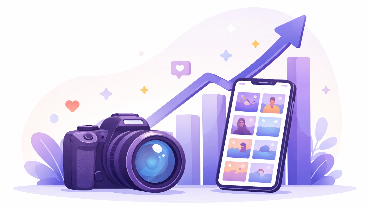 How photographers grow on Instagram — a camera, a photo grid and a rising growth arrow