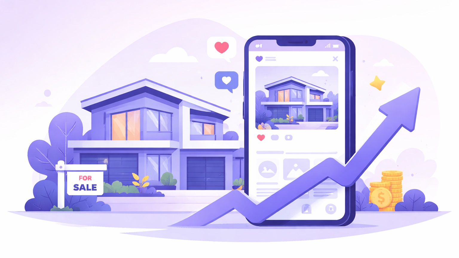 How real estate agents grow on Instagram β a modern house, a for-sale sign, a listing post and a rising growth arrow