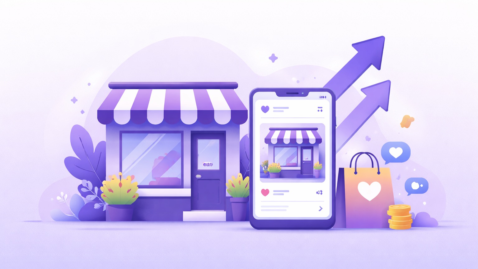 How small businesses grow on Instagram β a storefront, a shop post and a rising growth arrow