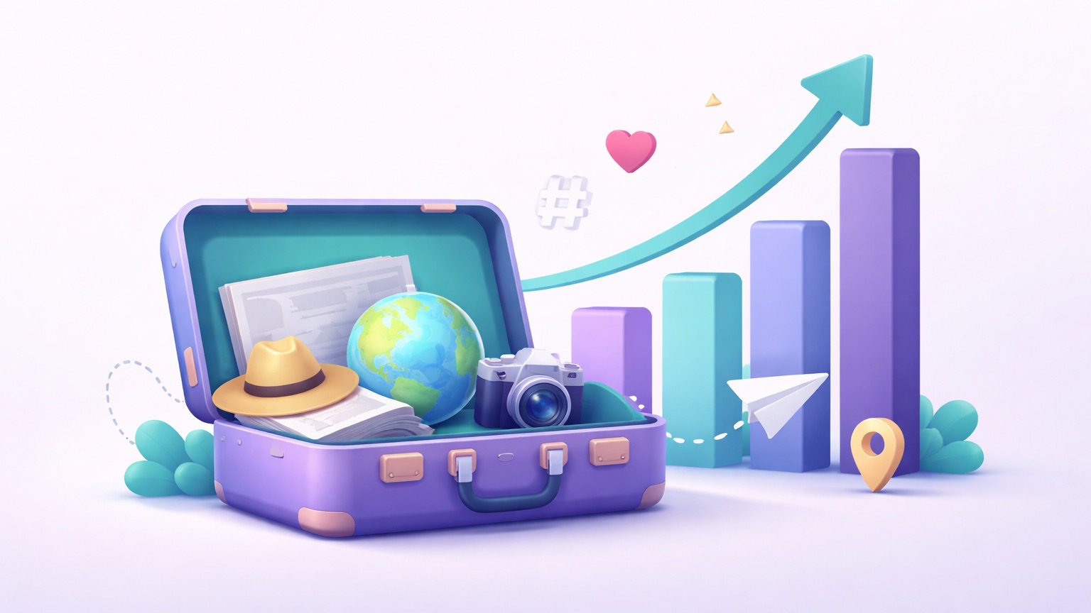 How travel creators grow on Instagram — a suitcase and globe with a rising growth arrow