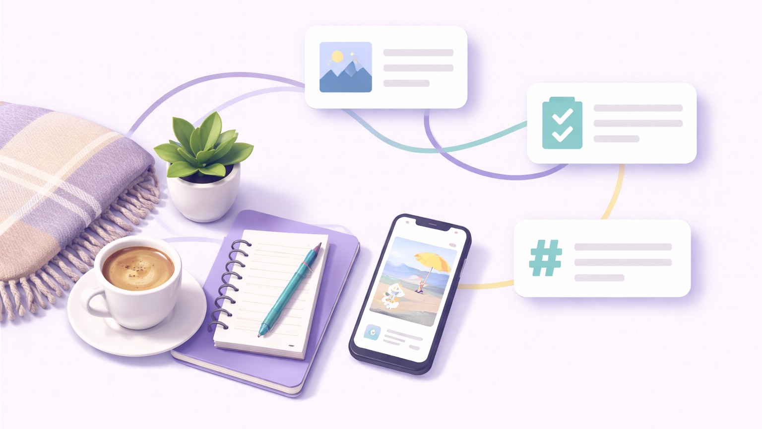 Instagram content ideas for lifestyle creators — a flat-lay desk branching to content idea cards