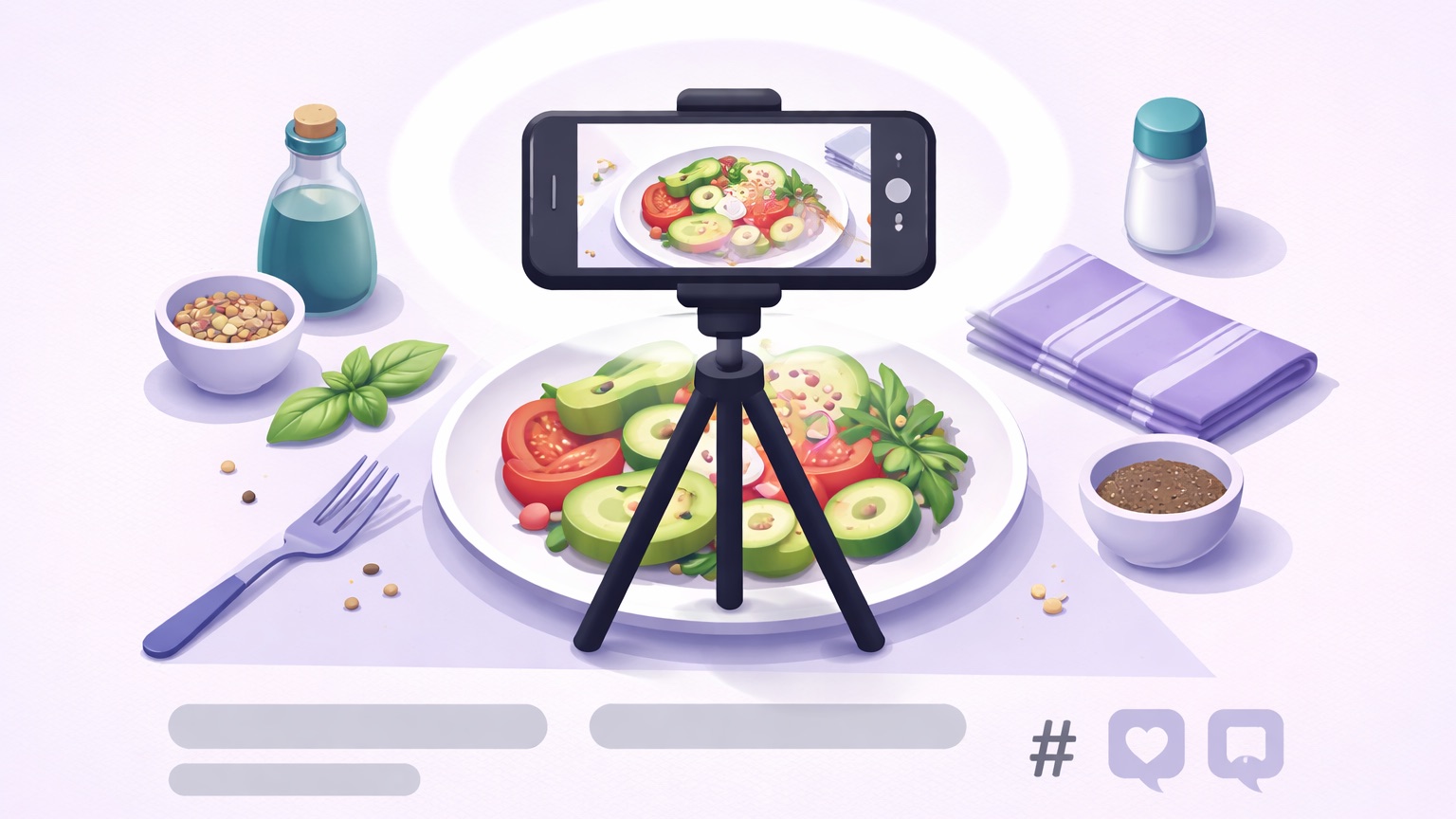 Instagram food photography β a phone on a tripod shooting a styled plate with soft light