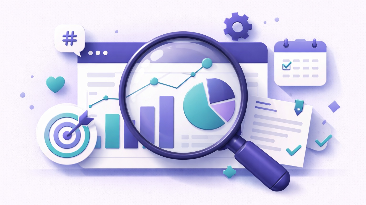 Metricool review — a magnifying glass examining an analytics dashboard and content calendar