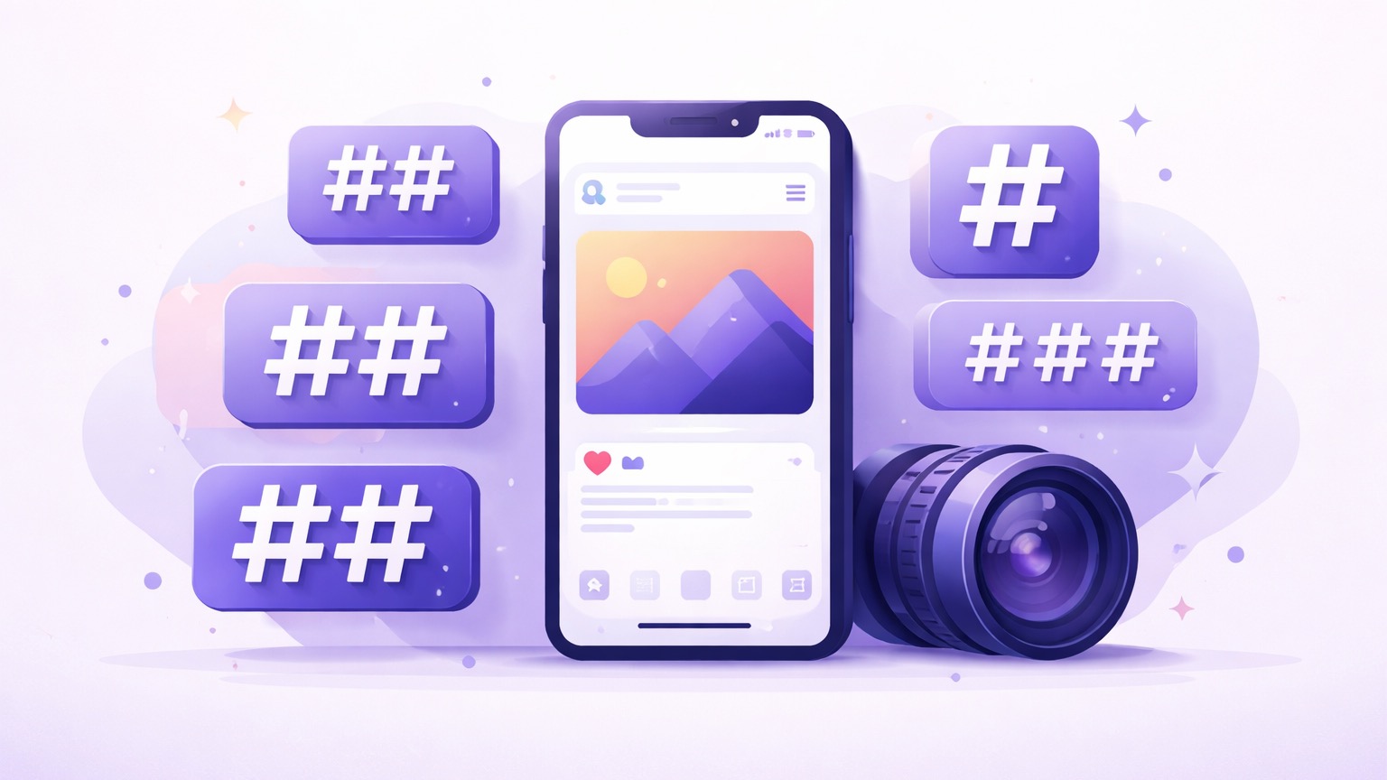 Photographer Instagram hashtags — a photo post with grouped hashtag sets and a camera lens