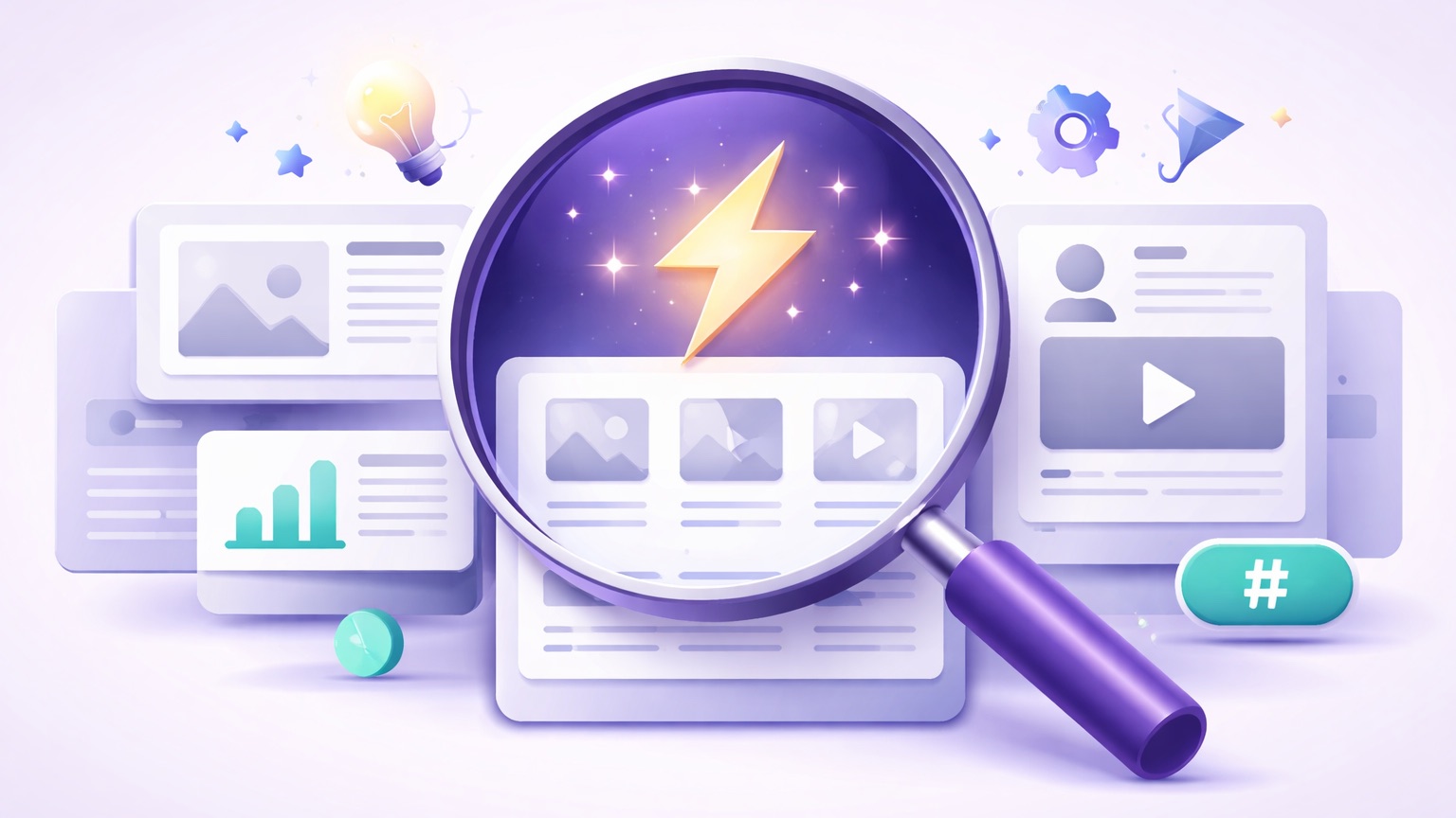 Predis.ai review — a magnifying glass examining AI-generated image, carousel and video content