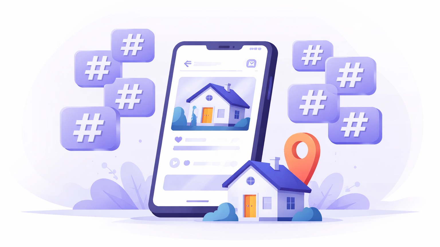 Real estate Instagram hashtags — a property post with grouped hashtag sets, a house and a location pin