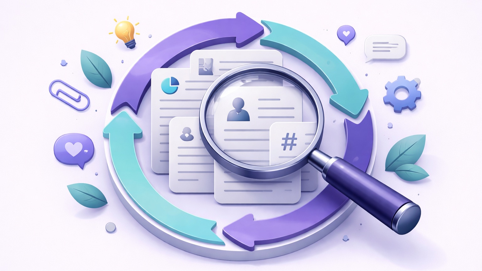 SocialBee review — a magnifying glass examining a content-recycling loop and category cards