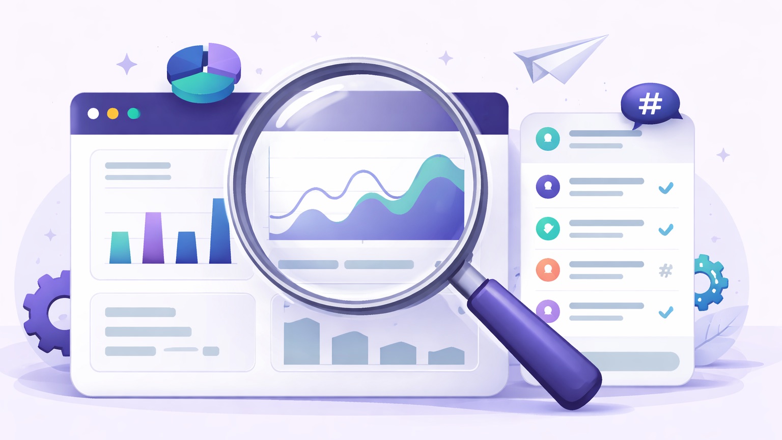 Sprout Social review — a magnifying glass examining a polished enterprise dashboard and inbox