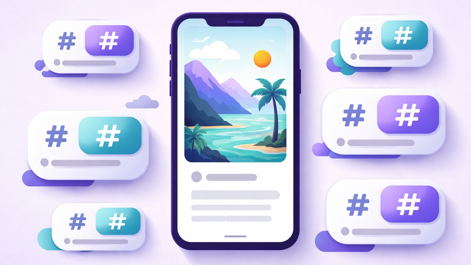 Travel Instagram hashtags — a travel post surrounded by grouped, relevant hashtag sets